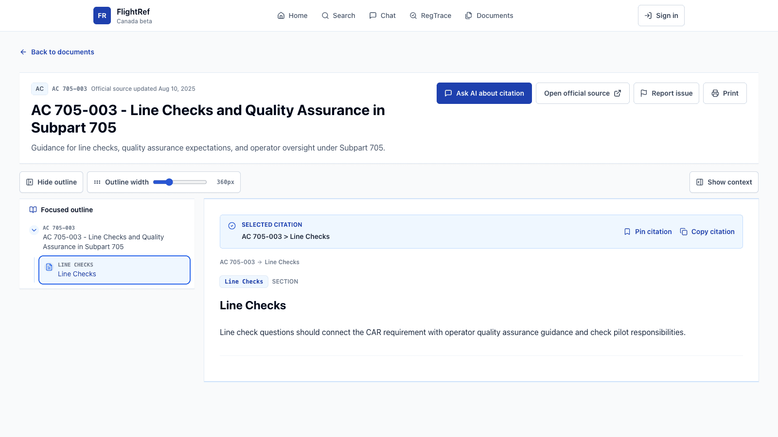 FlightRef focused reader showing the selected Line Checks citation and its document hierarchy