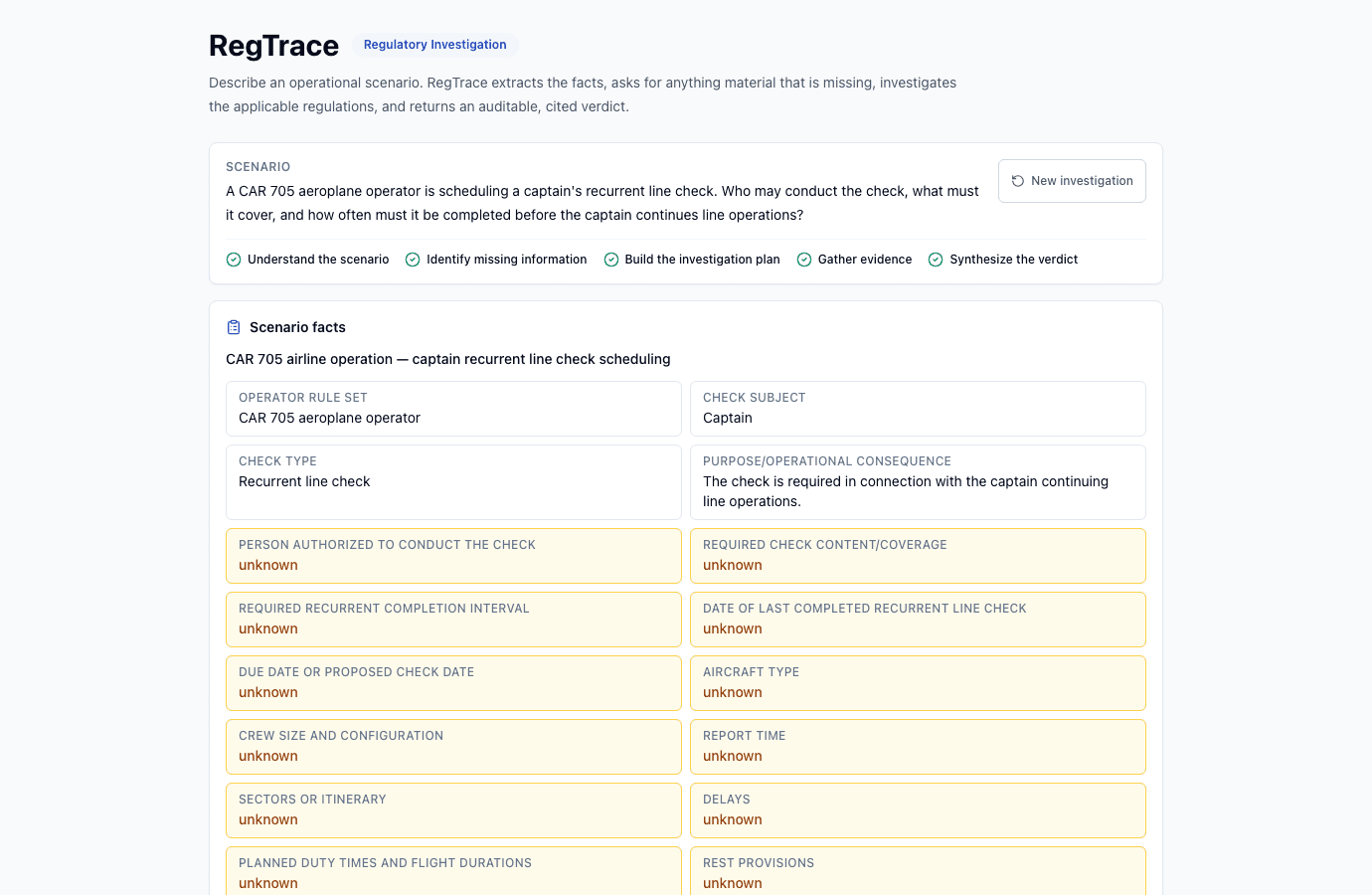 RegTrace showing a real captain recurrent line-check scenario with known facts and missing information