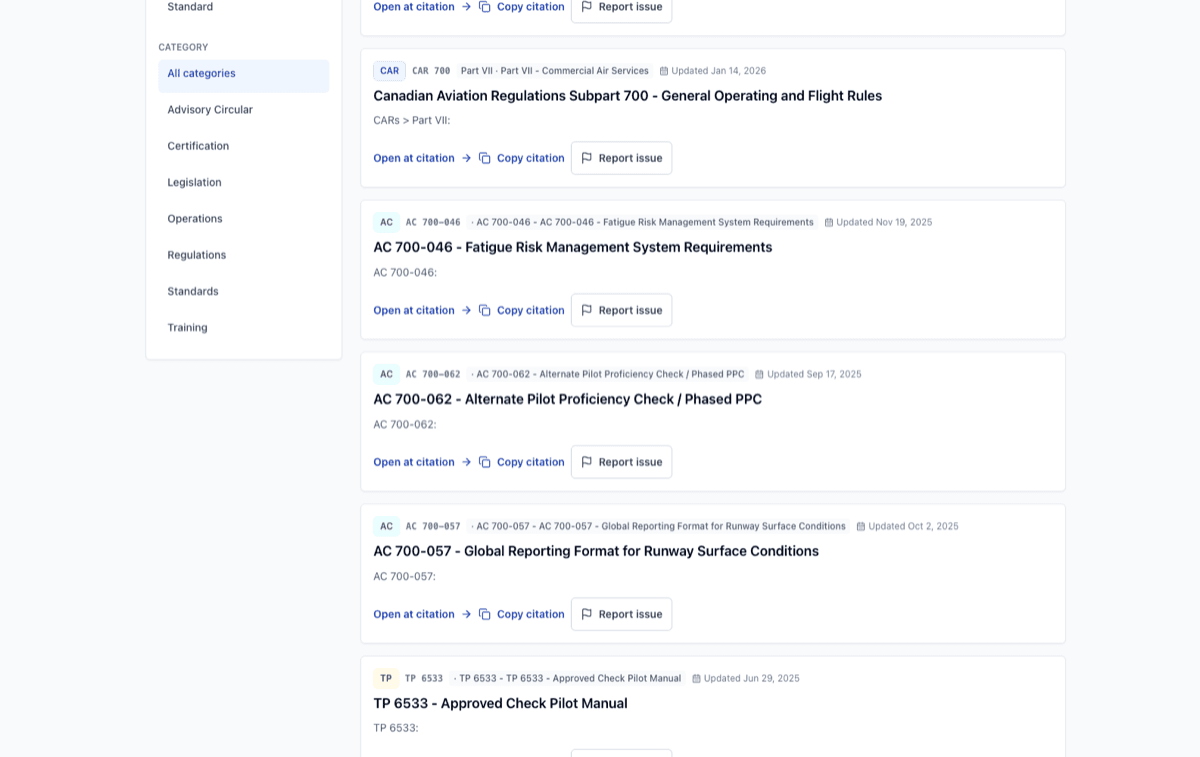 FlightRef search results with filters, ranked sources, and highlighted citation paths